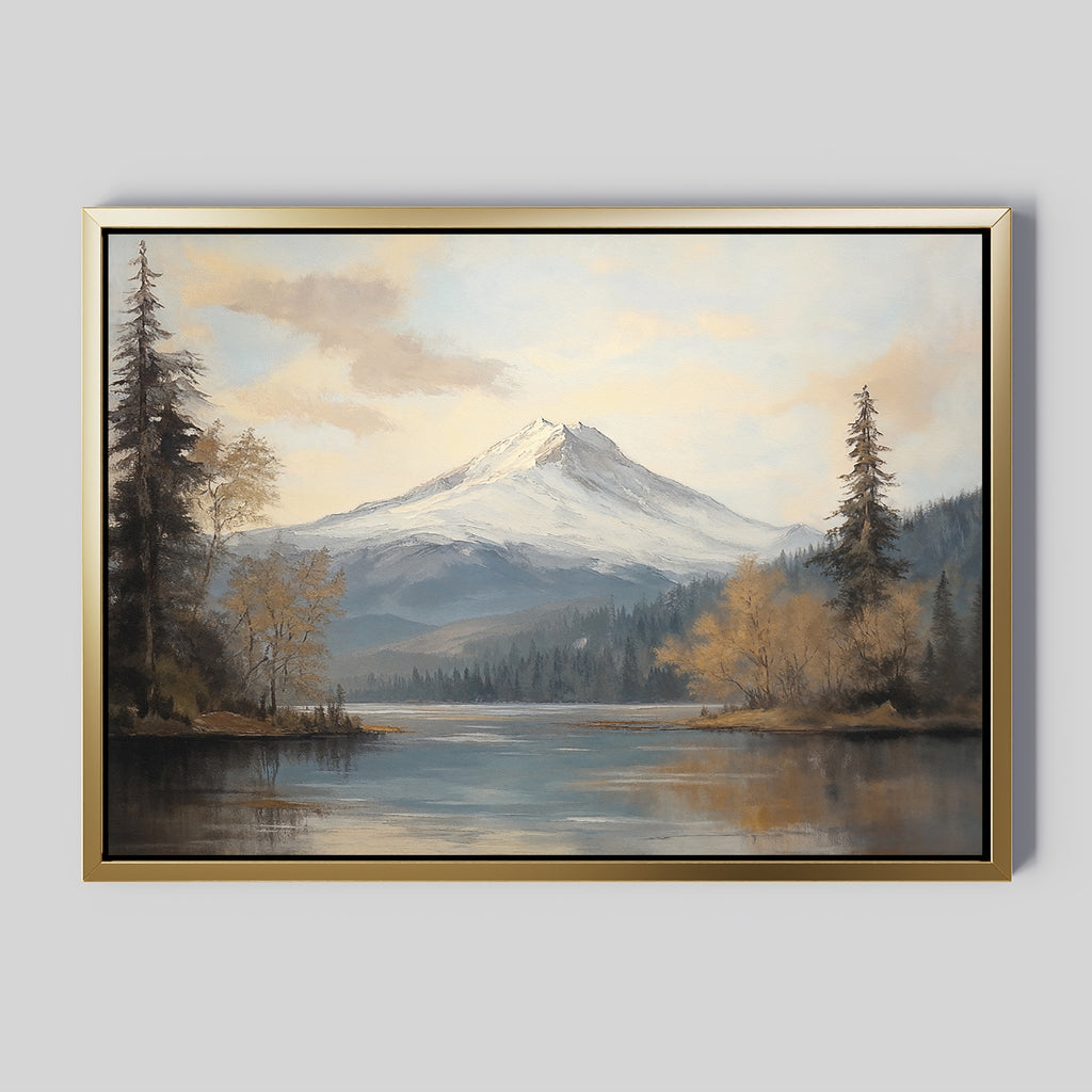 Frosted Ascent Canvas Art - Horizontal captures a serene lake ringed by trees, with a snow-capped mountain and partly cloudy sky, evoking the peaceful ambiance of Nordic nature.