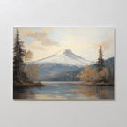 The Frosted Ascent Canvas Art - Horizontal depicts a serene Nordic Park mountain landscape with a snow-capped peak, evergreen trees, and a calm lake reflecting the scenery beneath a partly cloudy sky.