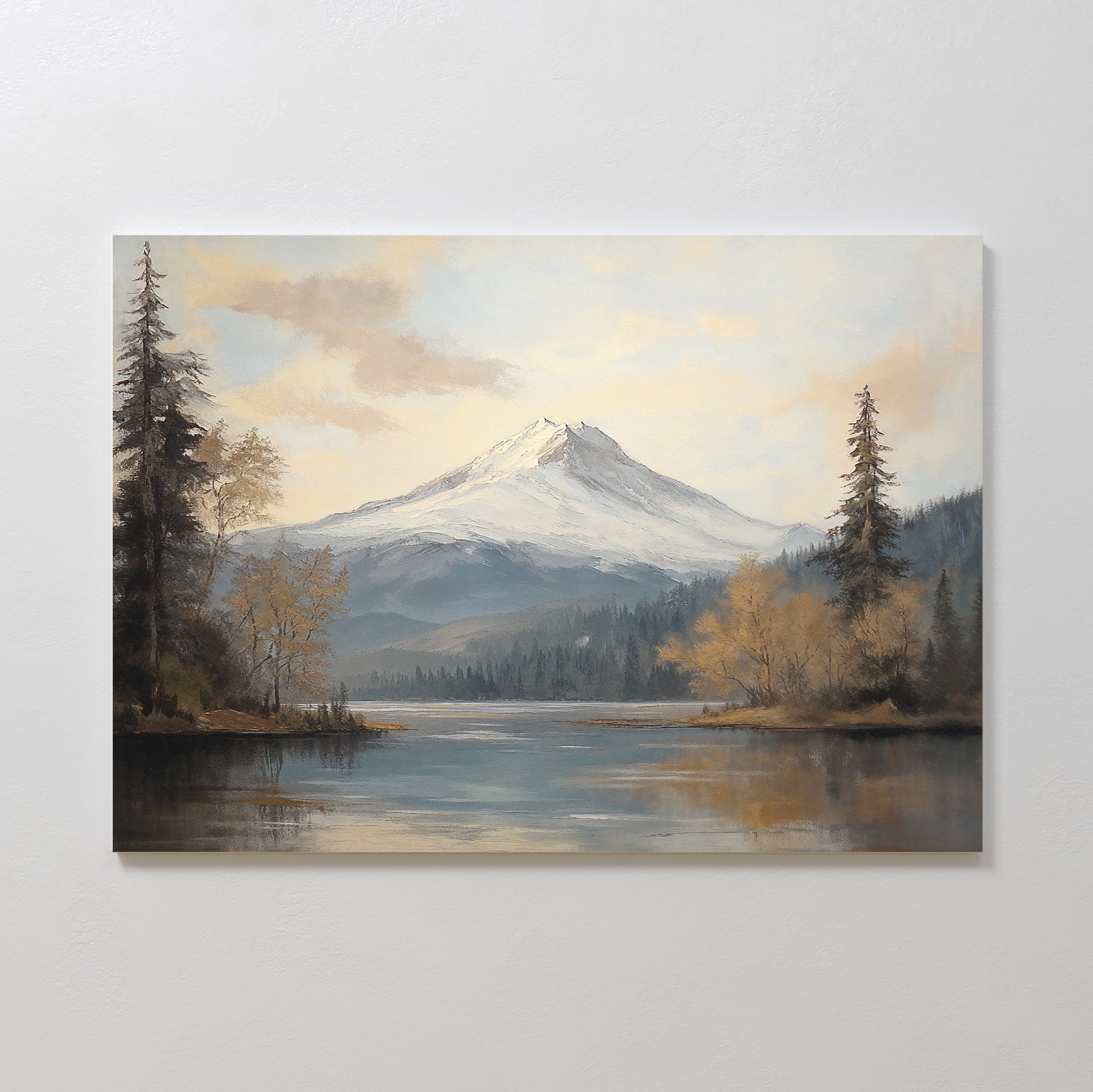 The Frosted Ascent Canvas Art - Horizontal depicts a serene Nordic Park mountain landscape with a snow-capped peak, evergreen trees, and a calm lake reflecting the scenery beneath a partly cloudy sky.