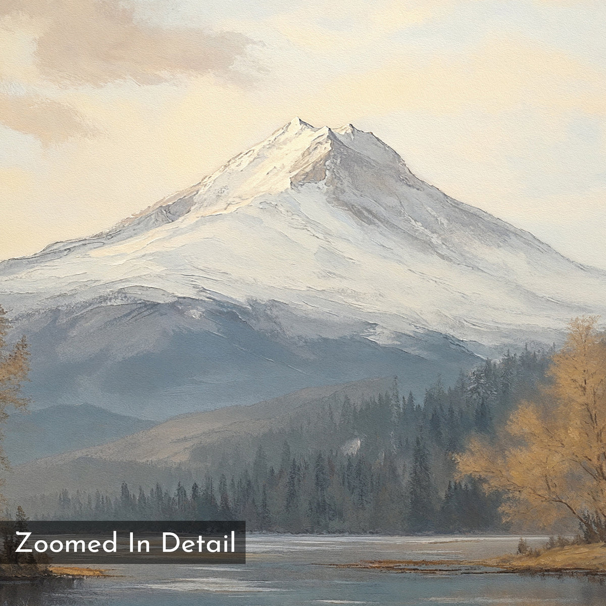 Frosted Ascent Canvas Art - Horizontal: Serene snow-capped mountain and dense forest landscape, calm lake with autumn trees on the right. "Zoomed In Detail" text in the corner highlights its tranquil natural beauty.