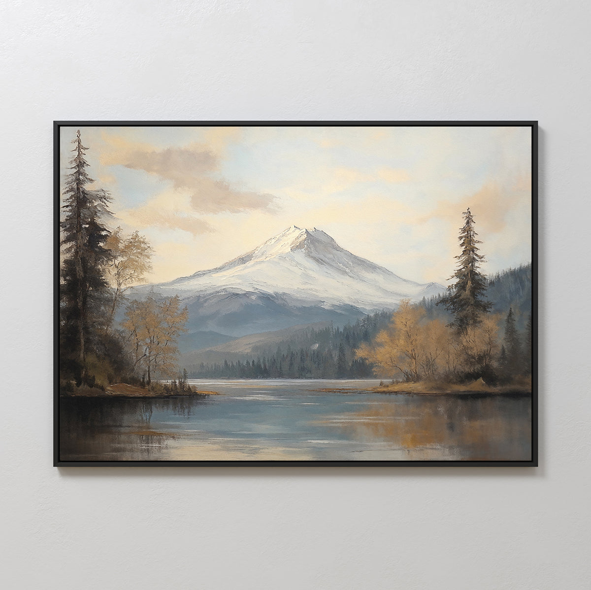 The Frosted Ascent Canvas Art - Horizontal beautifully depicts snow-capped peaks, pine trees, and gentle lake reflections under a partly cloudy sky, evoking the serene charm of a Nordic mountain landscape.
