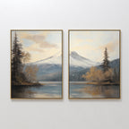The "Frosted Ascent - Set of 2" features framed paintings of a serene mountain lake, tall evergreens, and snow-capped peaks beneath a calm sky—wall art that captures the peaceful essence of Nordic Park.