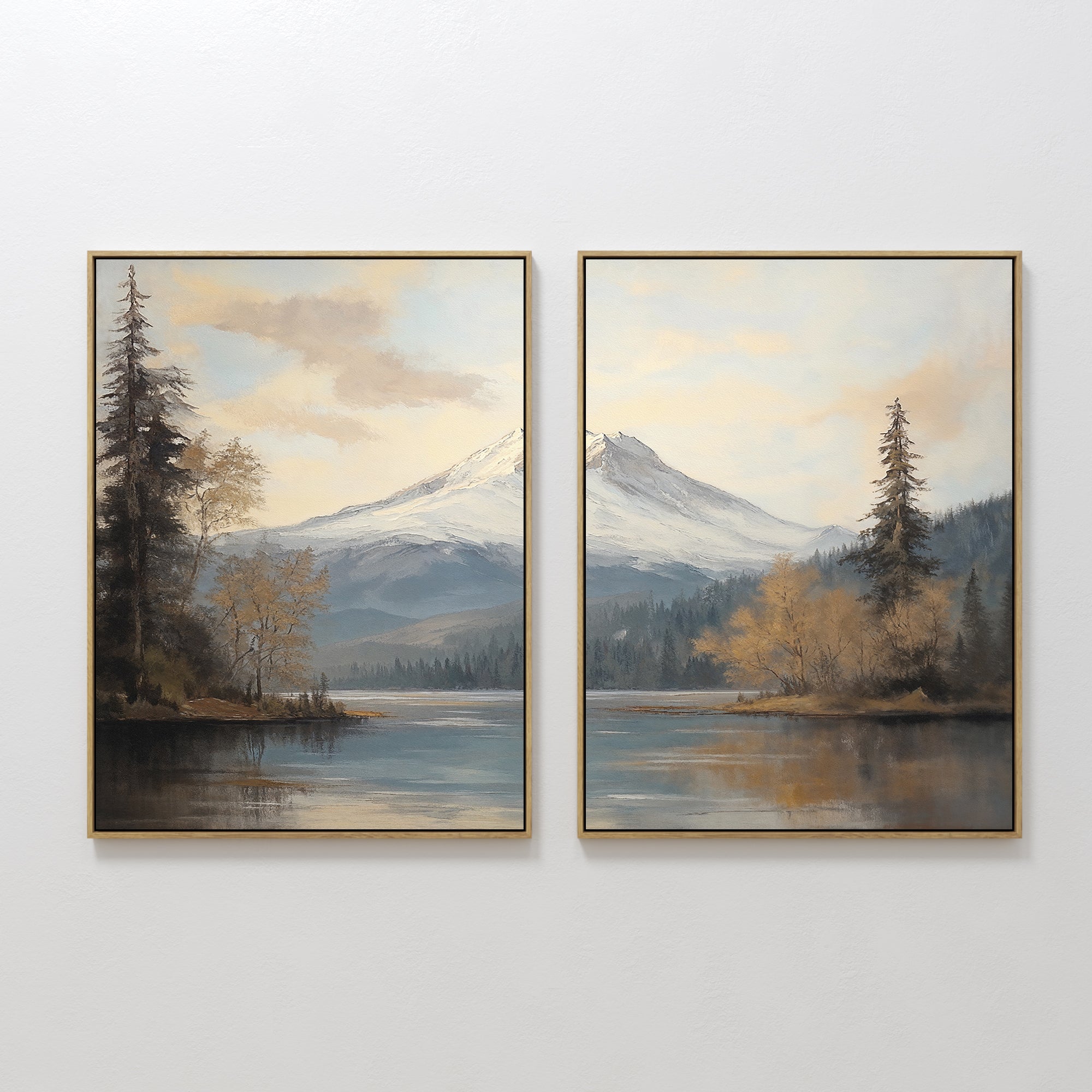 The "Frosted Ascent - Set of 2" features framed paintings of a serene mountain lake, tall evergreens, and snow-capped peaks beneath a calm sky—wall art that captures the peaceful essence of Nordic Park.