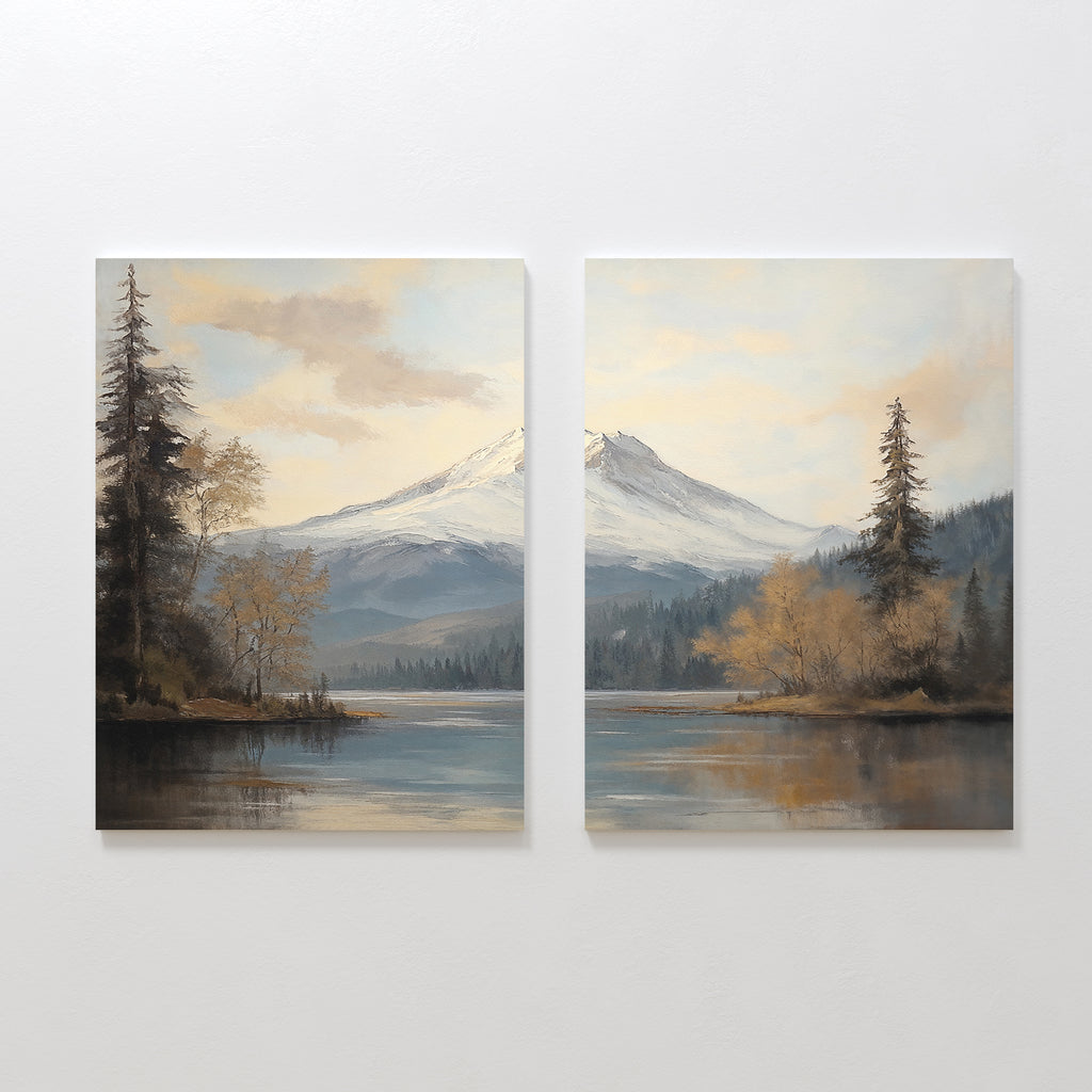 Frosted Ascent - Set of 2 features canvas paintings of a serene lake, snow-capped mountains, and trees under a cloudy sky, creating seamless Nordic Park wall art to bring tranquility to your space.