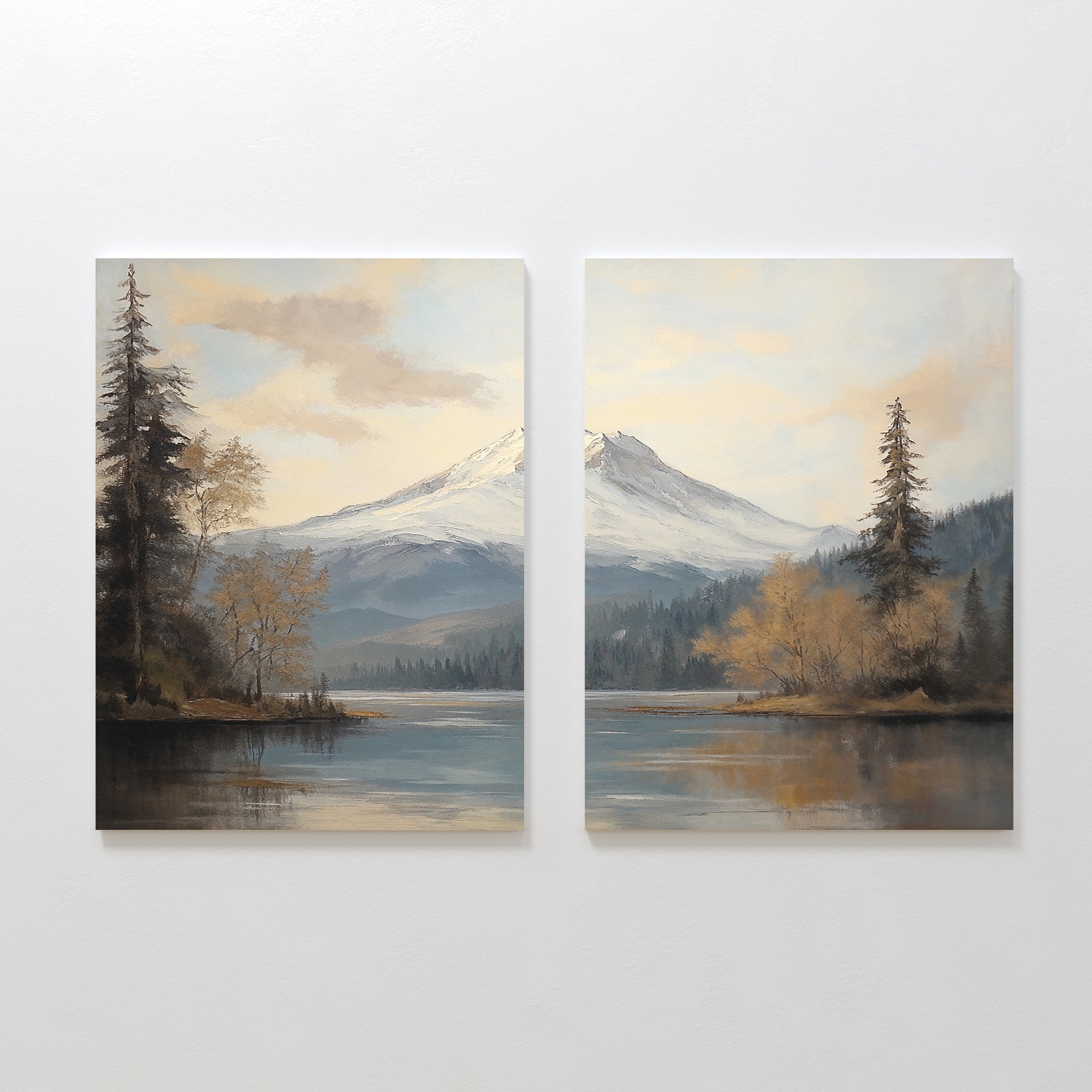 Frosted Ascent - Set of 2 features canvas paintings of a serene lake, snow-capped mountains, and trees under a cloudy sky, creating seamless Nordic Park wall art to bring tranquility to your space.