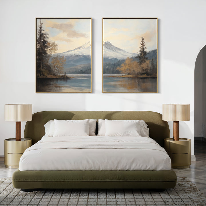 A modern bedroom features an olive green bed, white bedding, and two round nightstands with beige lamps. Above the bed, the 'Frosted Ascent - Set of 2' wall art showcases serene mountain landscapes for a calming Nordic Park vibe.