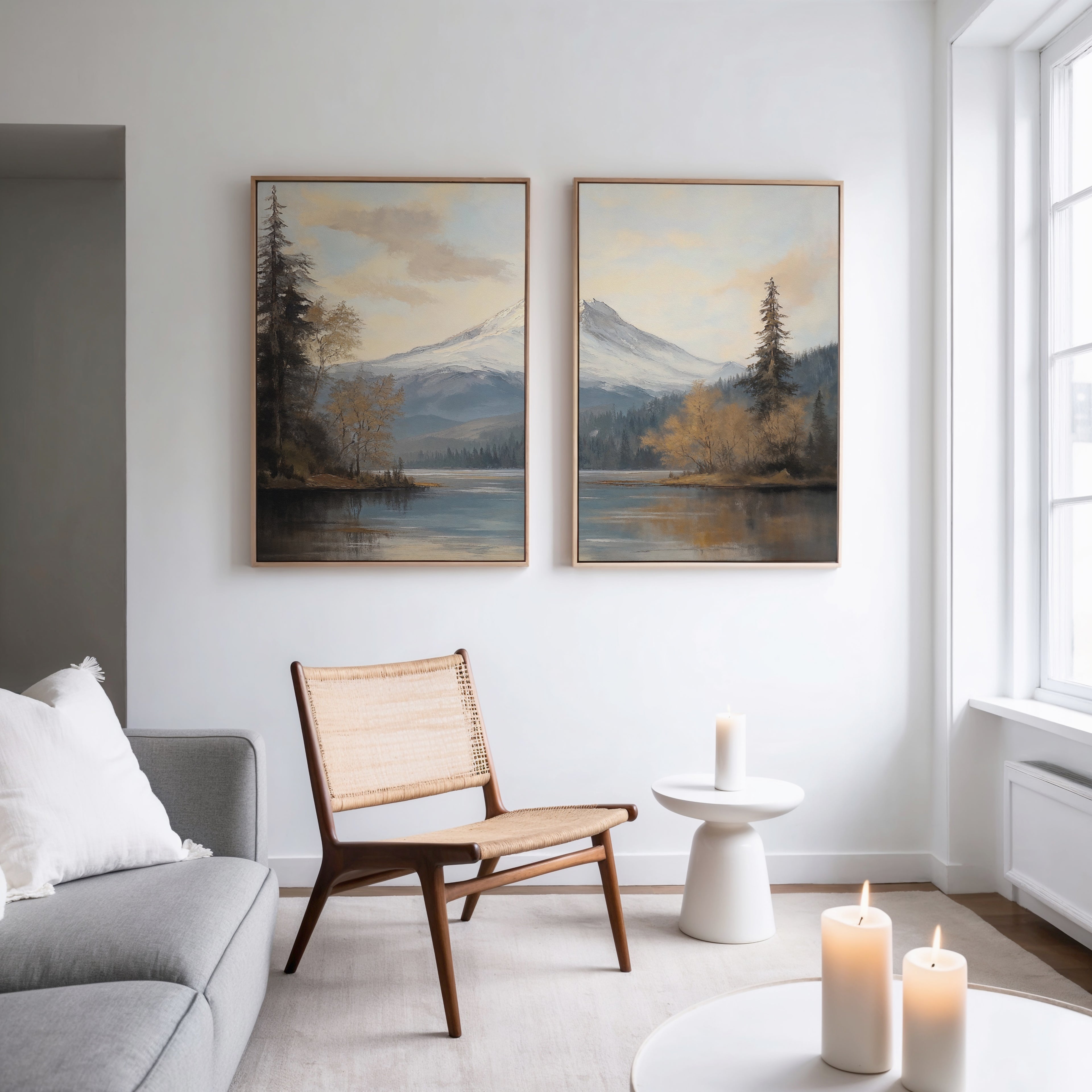 A modern living room with a light gray sofa, woven chair, and candles is enhanced by “Frosted Ascent - Set of 2” mountain lake canvas prints above the seating, infusing peaceful Nordic Park vibes into the space.