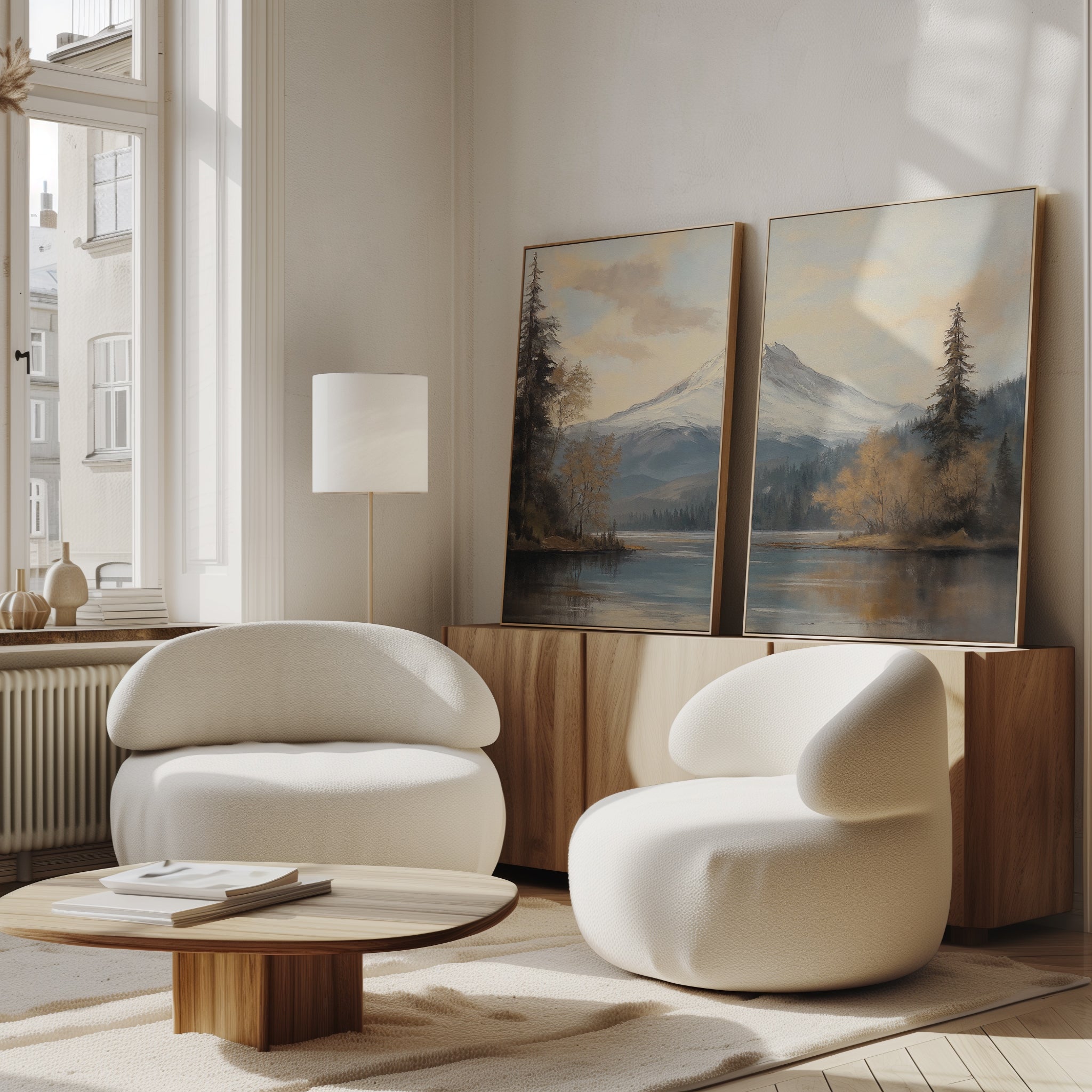 A modern living room features two rounded white chairs, a wooden coffee table, and a sideboard topped with the Frosted Ascent - Set of 2: tranquil mountain lake canvas art. Large windows fill the neutral space with natural light.