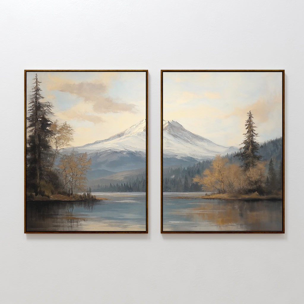 Frosted Ascent - Set of 2 features framed landscape art with a serene lake, reflections, evergreen trees, and distant snow-capped mountains beneath a cloudy sky—perfect for tranquil wall décor.