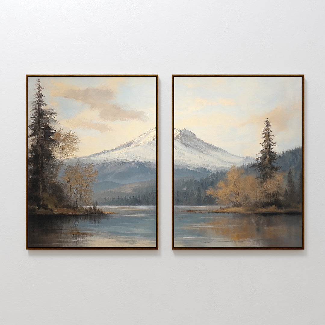 Frosted Ascent - Set of 2 features framed landscape art with a serene lake, reflections, evergreen trees, and distant snow-capped mountains beneath a cloudy sky—perfect for tranquil wall décor.