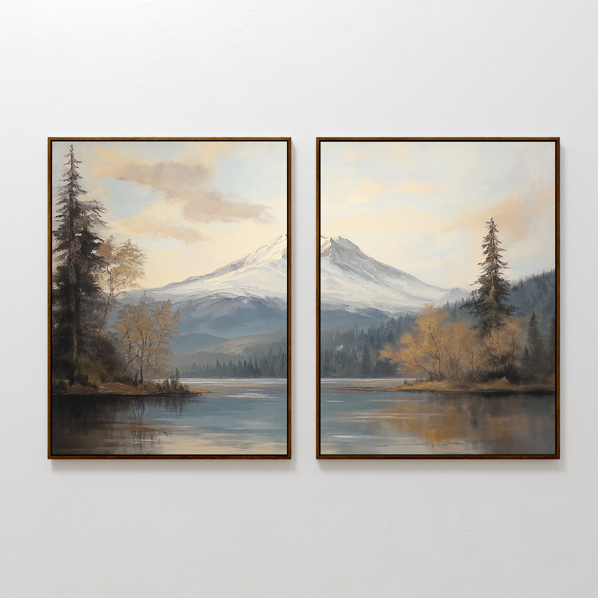 Frosted Ascent - Set of 2 features framed landscape art with a serene lake, reflections, evergreen trees, and distant snow-capped mountains beneath a cloudy sky—perfect for tranquil wall décor.