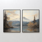 The Frosted Ascent - Set of 2 features serene wall art with tall trees, calm water, and snow-capped peaks—perfect for bringing the peaceful spirit of a Nordic Park to your space.