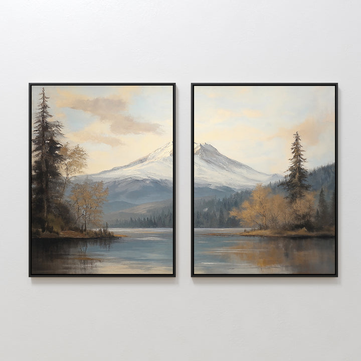 The Frosted Ascent - Set of 2 features serene wall art with tall trees, calm water, and snow-capped peaks—perfect for bringing the peaceful spirit of a Nordic Park to your space.