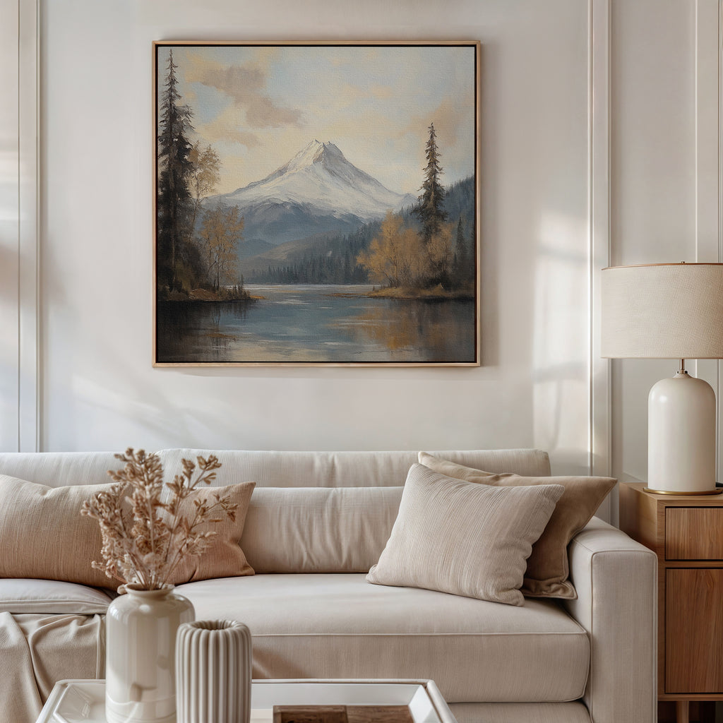 A cozy living room with a white sofa, beige cushions, a table with dried flowers, a lamp, and the Frosted Ascent Canvas Art - Square—a tranquil snowy mountain scene—displayed above the sofa.
