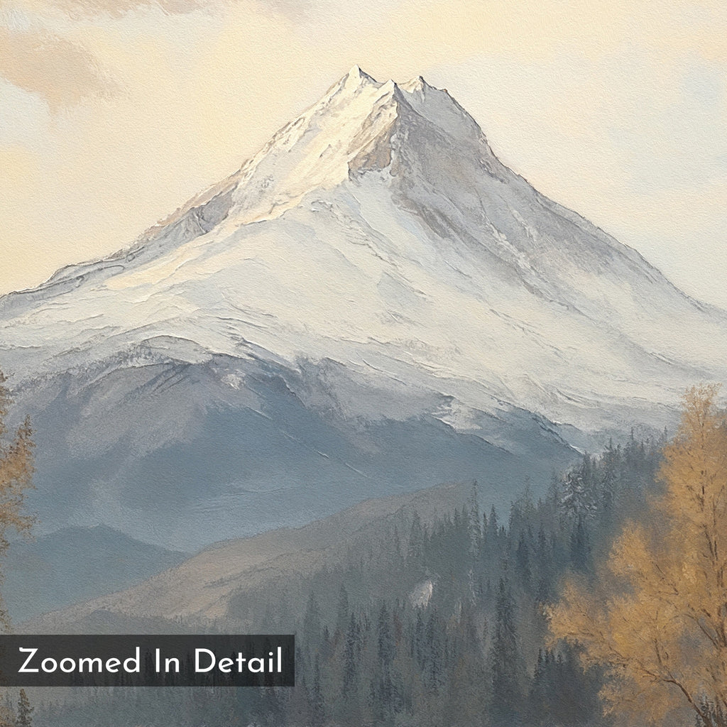 A zoomed-in painting of a snow-covered mountain peak above forested hills with autumn trees and a soft, cloudy sky. The text “Zoomed In Detail” features on this tranquil Frosted Ascent Canvas Art - Square wall decor.