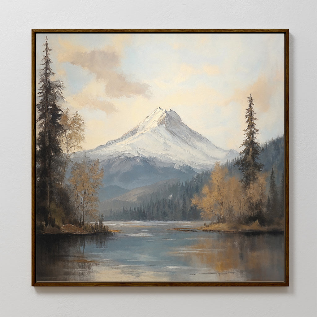 The Frosted Ascent Canvas Art - Square features a snowy peak reflected in a serene mountain lake, bordered by evergreens and autumn trees beneath a cloudy sky—an ideal tranquil accent for your wall.