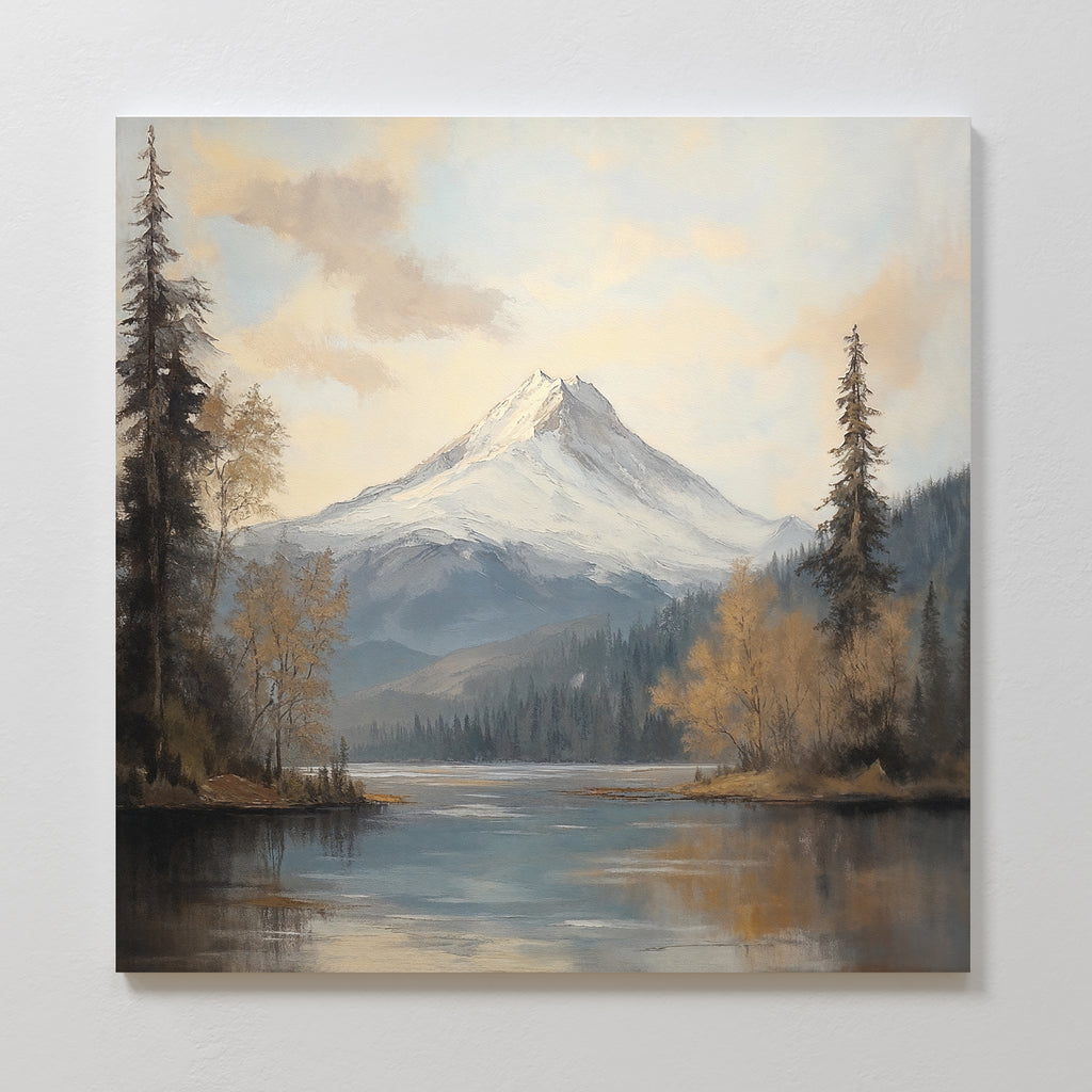 Frosted Ascent Canvas Art - Square showcases a snow-capped mountain, pine trees, and autumn foliage by a serene lake beneath a cloudy sky—ideal as tranquil wall art or a showstopping mountain lake canvas for your space.