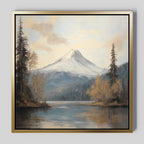 Frosted Ascent Canvas Art - Square features a serene Nordic scene with a snow-capped mountain, tall pines, calm water, and gentle clouds—perfect as tranquil wall art for any room.