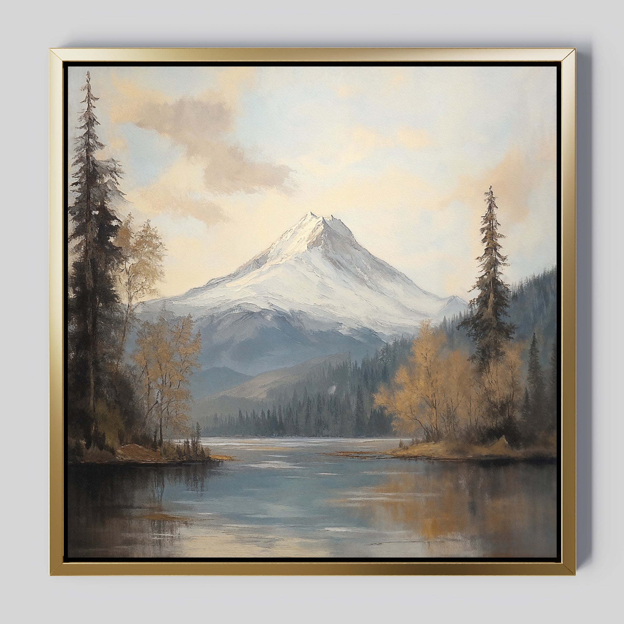 Frosted Ascent Canvas Art - Square features a serene Nordic scene with a snow-capped mountain, tall pines, calm water, and gentle clouds—perfect as tranquil wall art for any room.