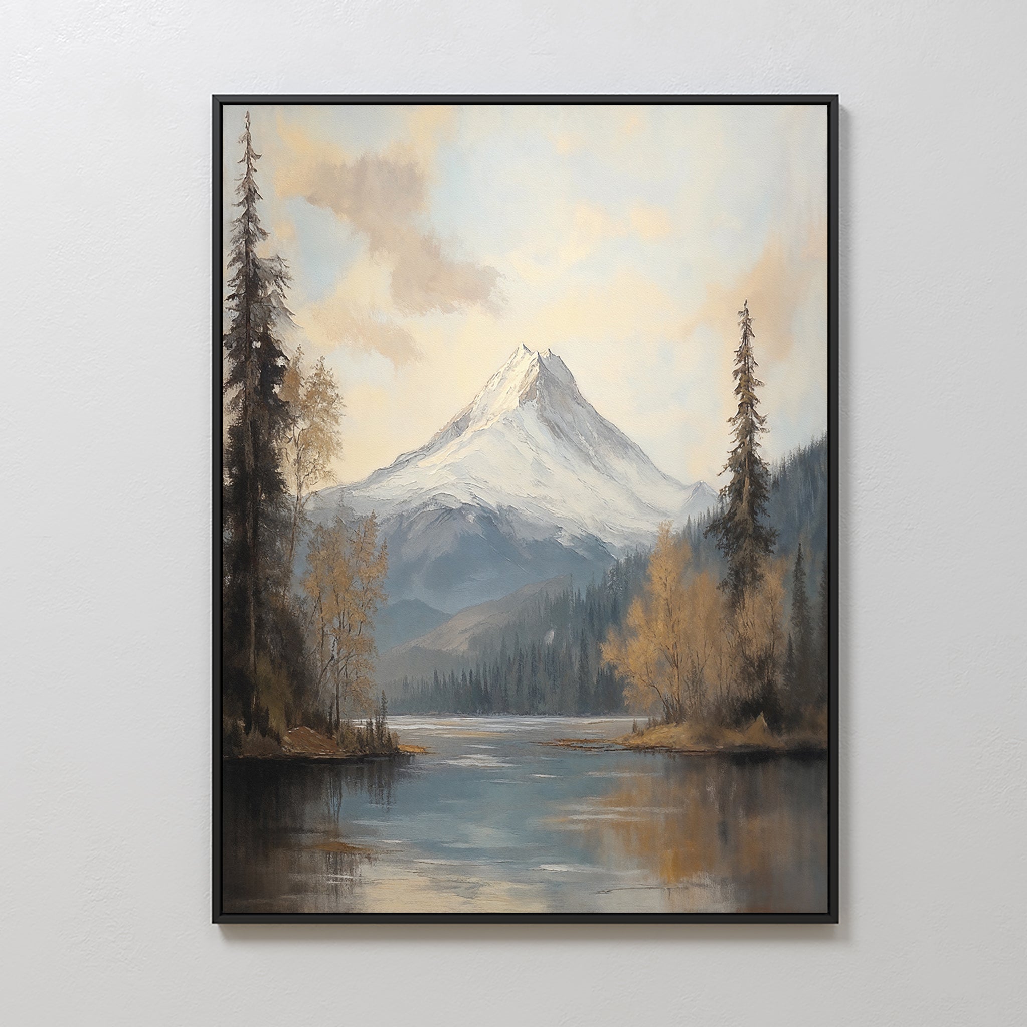 The Frosted Ascent Canvas Art - Vertical showcases snowy peaks and pine trees mirrored in a serene lake under a partly cloudy sky, bringing tranquil nature decor to any white wall.