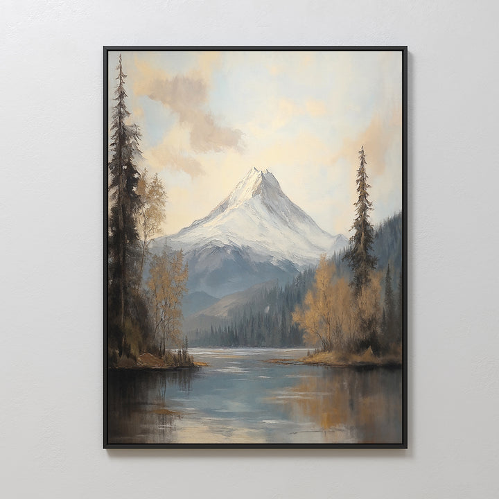 The Frosted Ascent Canvas Art - Vertical showcases snowy peaks and pine trees mirrored in a serene lake under a partly cloudy sky, bringing tranquil nature decor to any white wall.