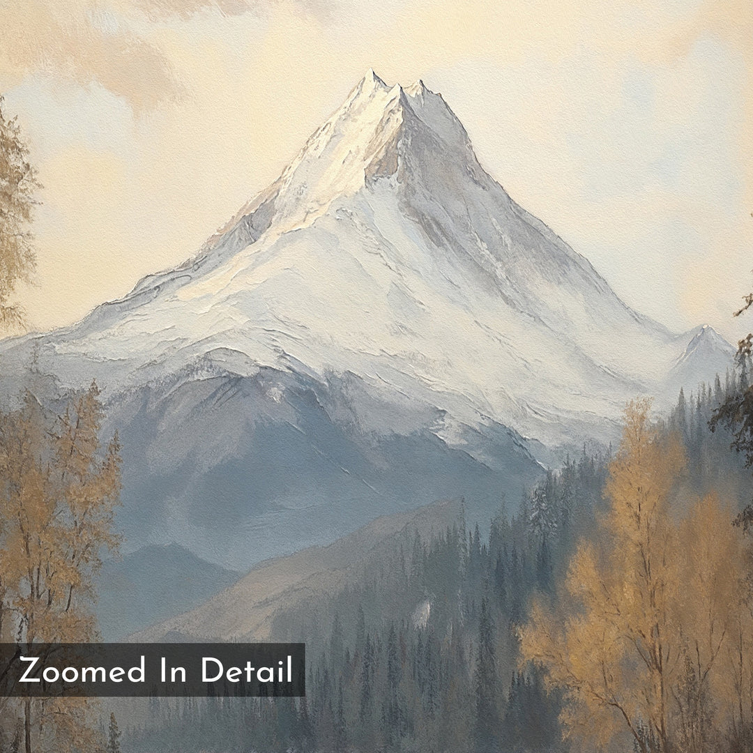Frosted Ascent Canvas Art - Vertical showcases a snow-capped mountain, forested hills, and golden autumn trees, creating tranquil nature decor. "Zoomed In Detail" appears in the bottom left corner.