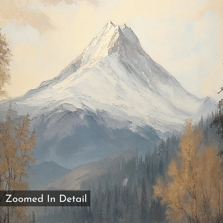 Frosted Ascent Canvas Art - Vertical showcases a snow-capped mountain, forested hills, and golden autumn trees, creating tranquil nature decor. "Zoomed In Detail" appears in the bottom left corner.