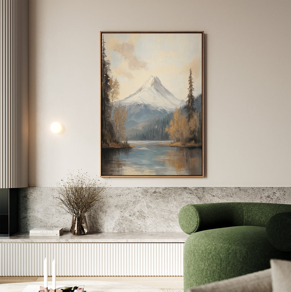 A living room with a green sofa, marble accents, and tranquil decor featuring the Frosted Ascent Canvas Art - Vertical above a shelf with a vase of dried branches.