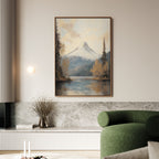 A living room with a green sofa, marble accents, and tranquil decor featuring the Frosted Ascent Canvas Art - Vertical above a shelf with a vase of dried branches.