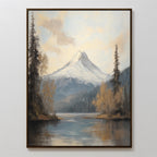Frosted Ascent Canvas Art - Vertical features a snowy mountain behind a lake, encircled by evergreen and autumn trees under a partly cloudy sky. This serene artwork brings natural beauty and calm to any room.