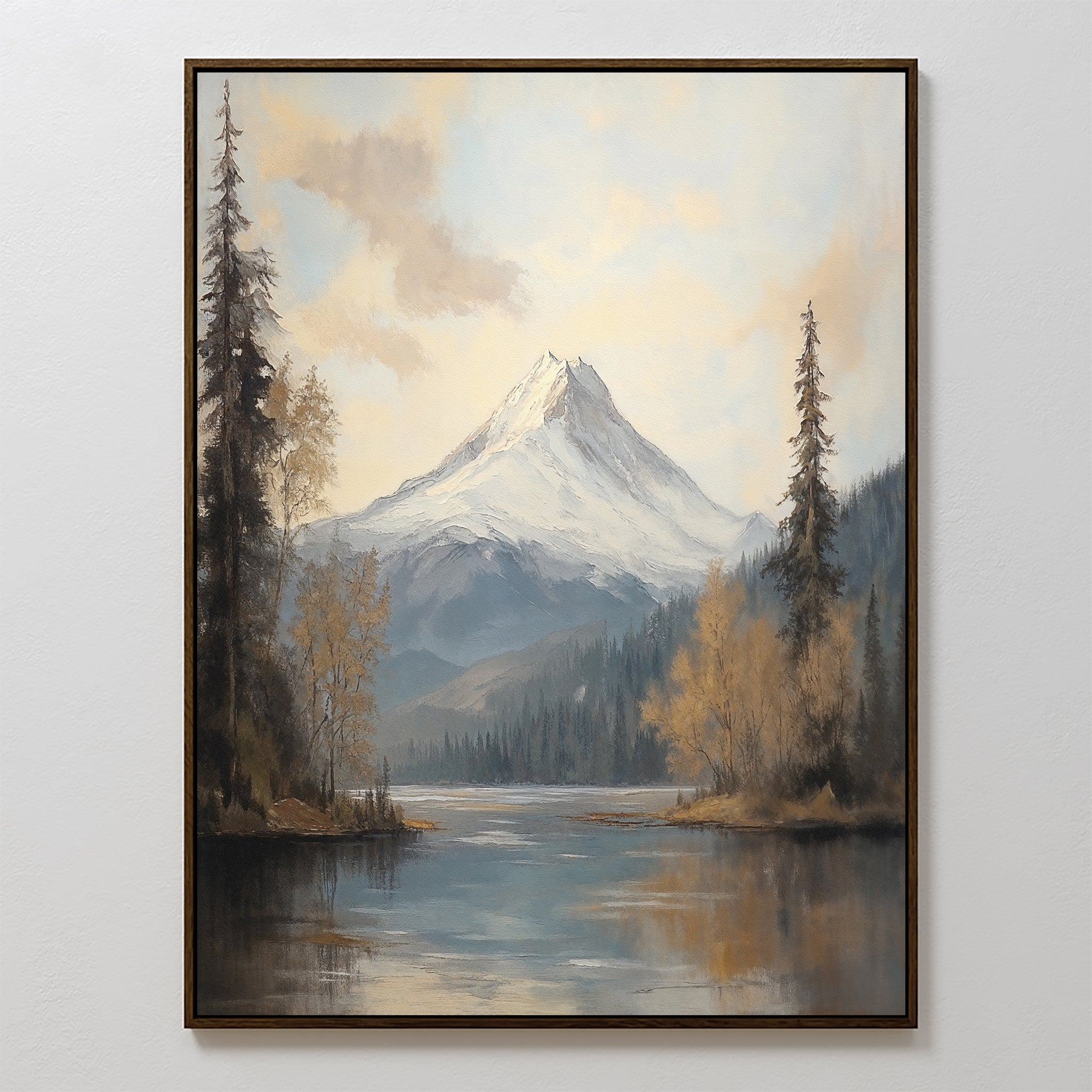 Frosted Ascent Canvas Art - Vertical features a snowy mountain behind a lake, encircled by evergreen and autumn trees under a partly cloudy sky. This serene artwork brings natural beauty and calm to any room.
