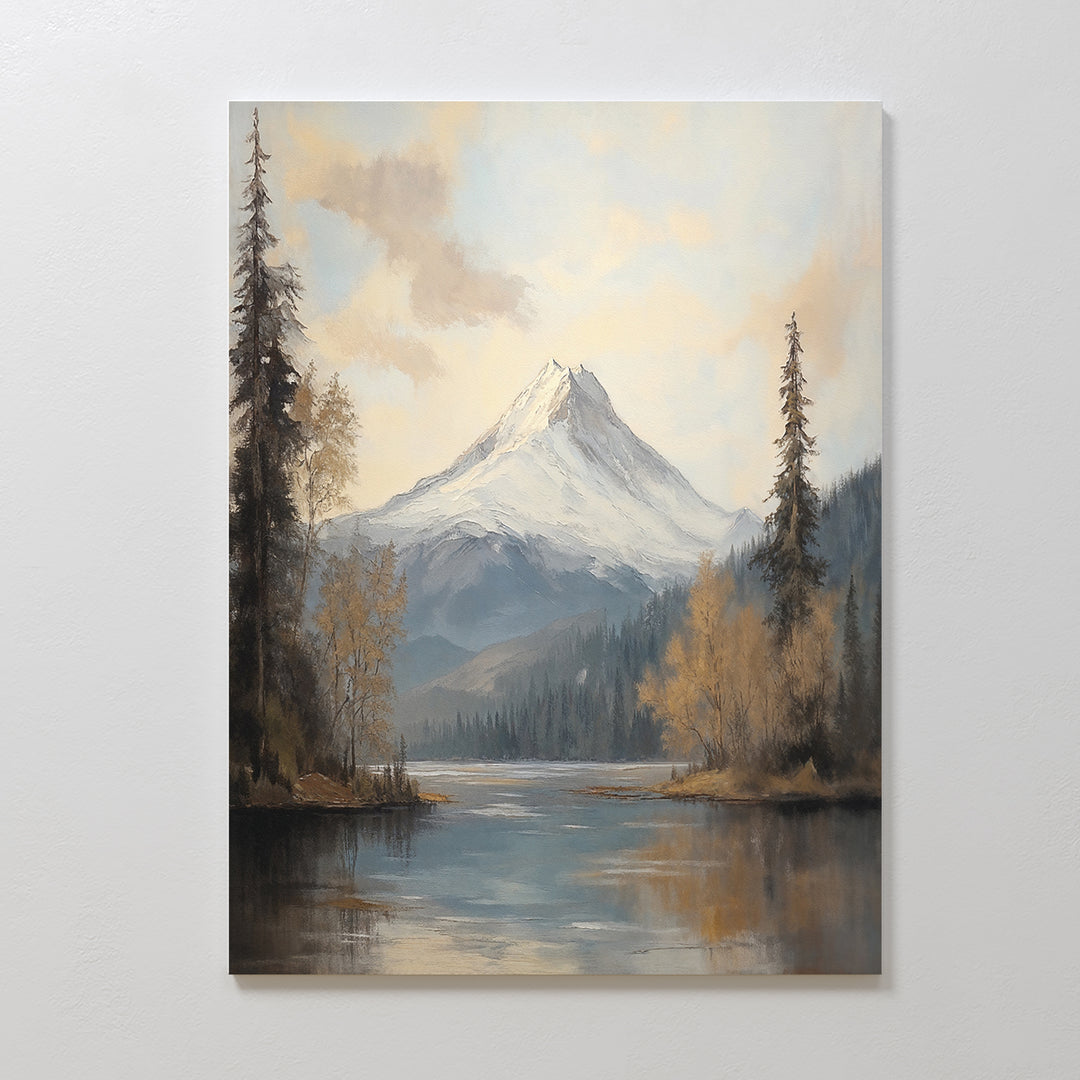 Frosted Ascent Canvas Art - Vertical features a snow-capped mountain, serene lake, and lush trees under a cloudy sky—ideal as tranquil nature decor or mountain lake wall art to enhance your space.