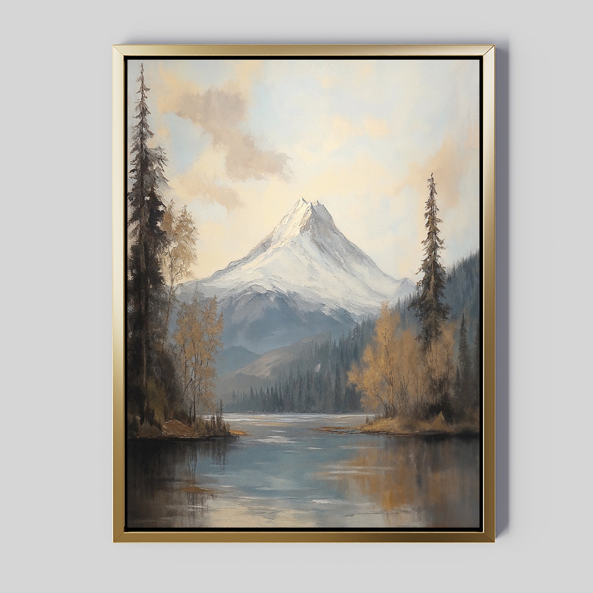 The Frosted Ascent Canvas Art - Vertical features a tranquil snowy mountain peak with trees and a calm lake below, set under a cloudy sky. Muted earthy tones and blue accents create serene, Nordic-inspired nature decor for any space.