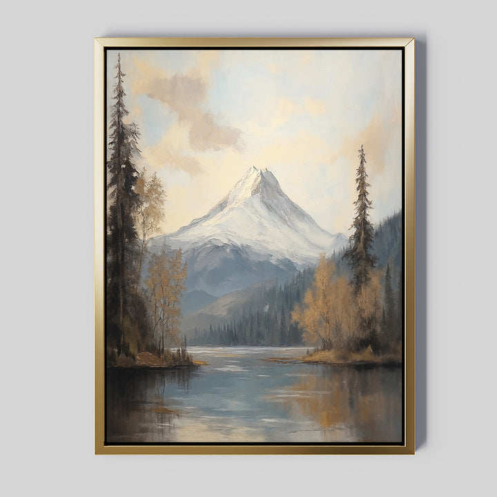 The Frosted Ascent Canvas Art - Vertical features a tranquil snowy mountain peak with trees and a calm lake below, set under a cloudy sky. Muted earthy tones and blue accents create serene, Nordic-inspired nature decor for any space.