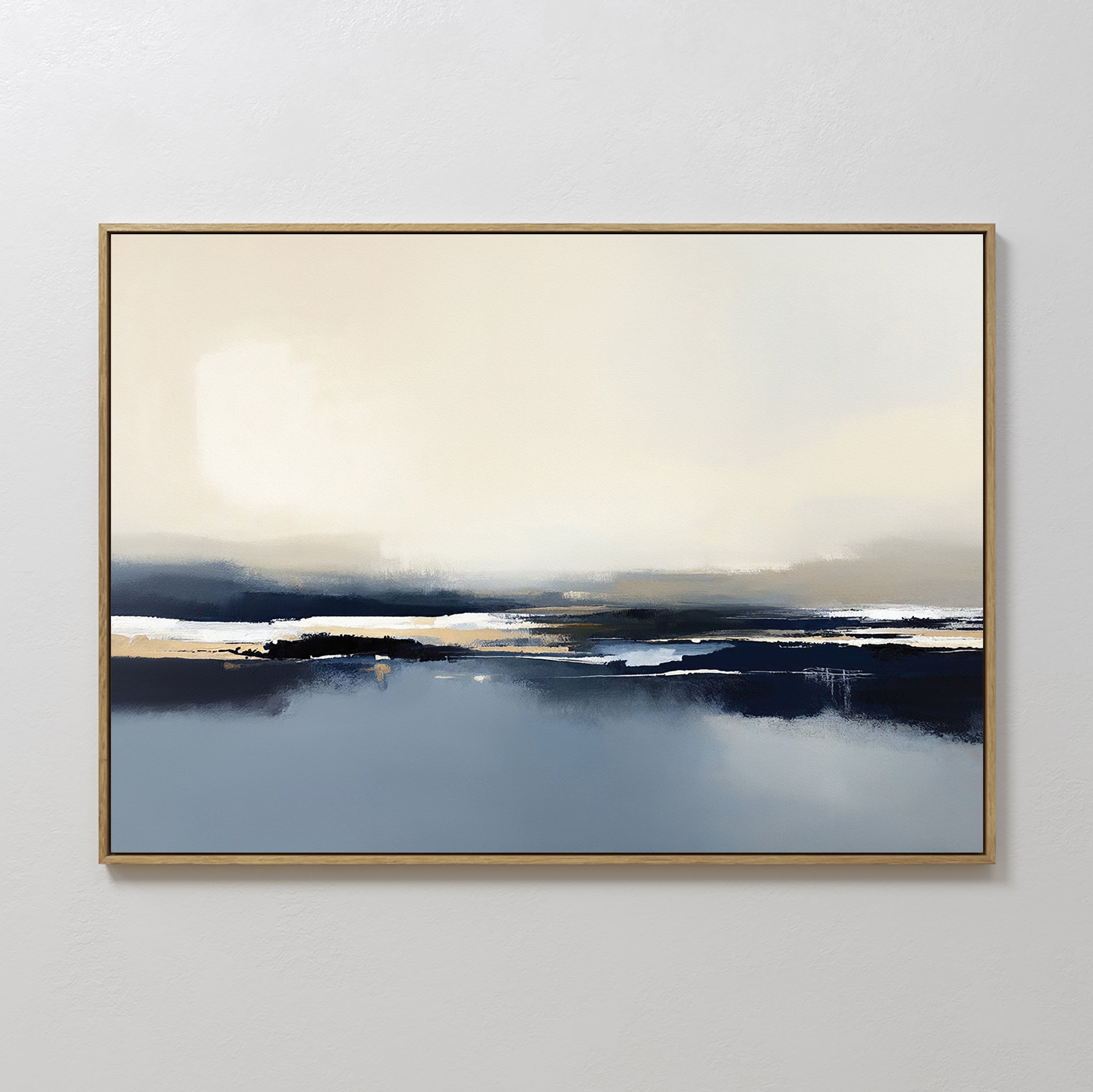 Frozen Bay Canvas Art - Horizontal: A serene abstract landscape in soft beige, cream, and blue tones with misty water and distant shorelines. Perfect for modern living rooms, this contemporary print comes framed in a slim gold frame.