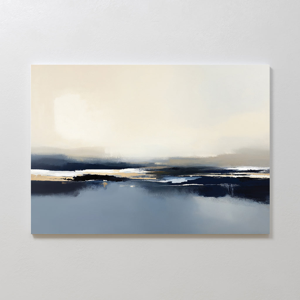 Frozen Bay Canvas Art - Horizontal features soft, blended blue, beige, and white tones evoking serene winter waters. This calm, minimalistic piece is ideal for modern living rooms and looks striking when mounted on a plain white wall.