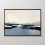 Frozen Bay Canvas Art - Horizontal features soft beige and cream tones blending into deep blue brushstrokes, evoking a tranquil winter seascape—ideal for modern living rooms with a white wall.