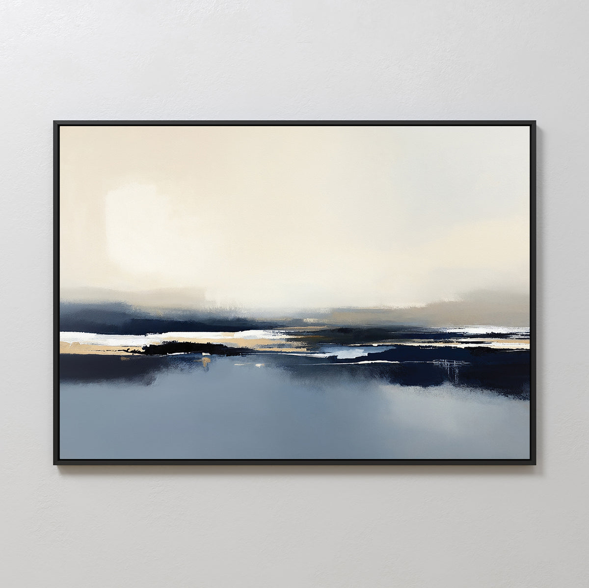 The Frozen Bay Canvas Art - Horizontal features a black frame and soft beige, white, navy, and blue tones, evoking tranquil winter waters—a perfect minimalist print for contemporary living rooms.