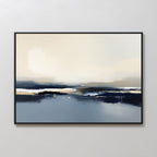 The Frozen Bay Canvas Art - Horizontal features a black frame and soft beige, white, navy, and blue tones, evoking tranquil winter waters—a perfect minimalist print for contemporary living rooms.