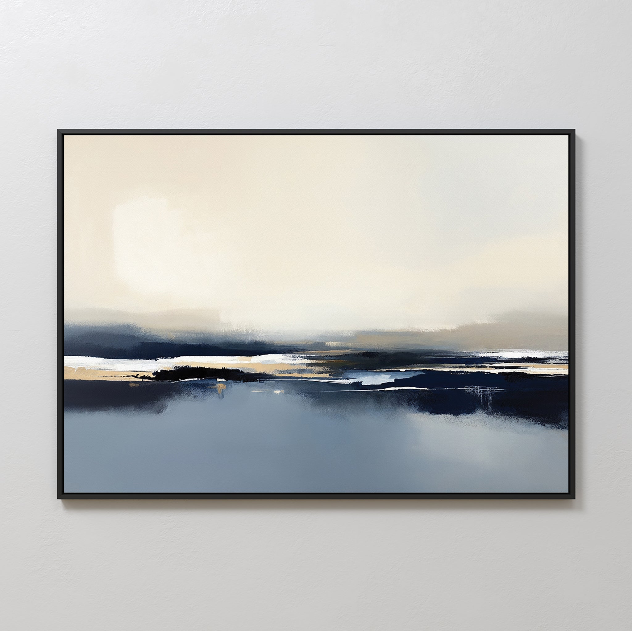 The Frozen Bay Canvas Art - Horizontal features a black frame and soft beige, white, navy, and blue tones, evoking tranquil winter waters—a perfect minimalist print for contemporary living rooms.