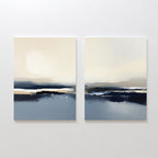 The Frozen Bay - Set Of 2 features abstract paintings with soft blue, beige, and white tones in horizontal layers. These serene pieces evoke winter waters and are perfect as modern living room decor.