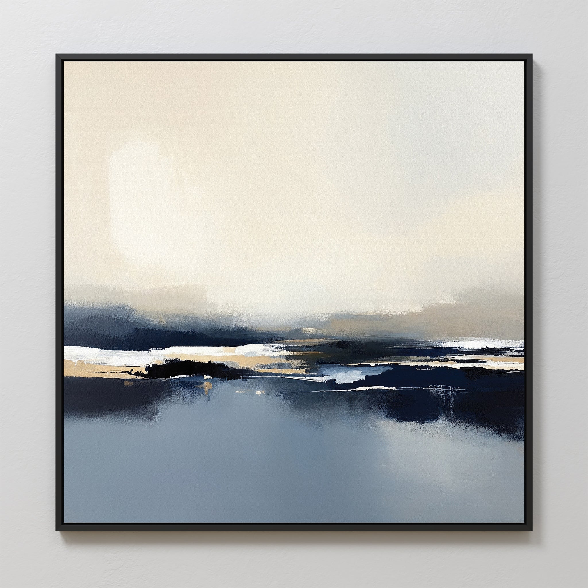 Frozen Bay Canvas Art - Square features soft blues, whites, beige, and dark gray in a serene abstract design reminiscent of winter waters. Framed in black, this modern print brings minimalist style to contemporary living rooms.