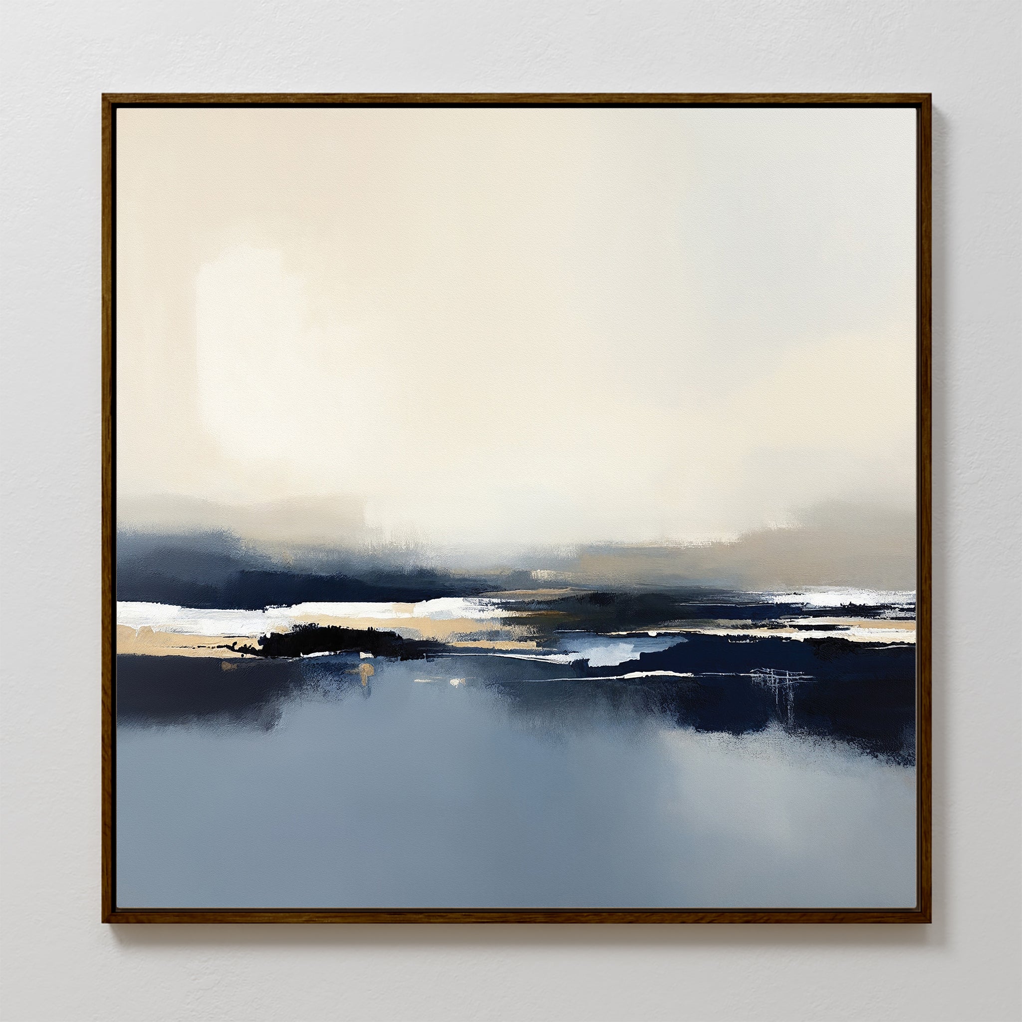 Frozen Bay Canvas Art - Square features soft blue, beige, white, and gray tones in a brown frame, evoking winter waters under a pale sky. This contemporary print adds calm, minimalist style perfect for modern living rooms.