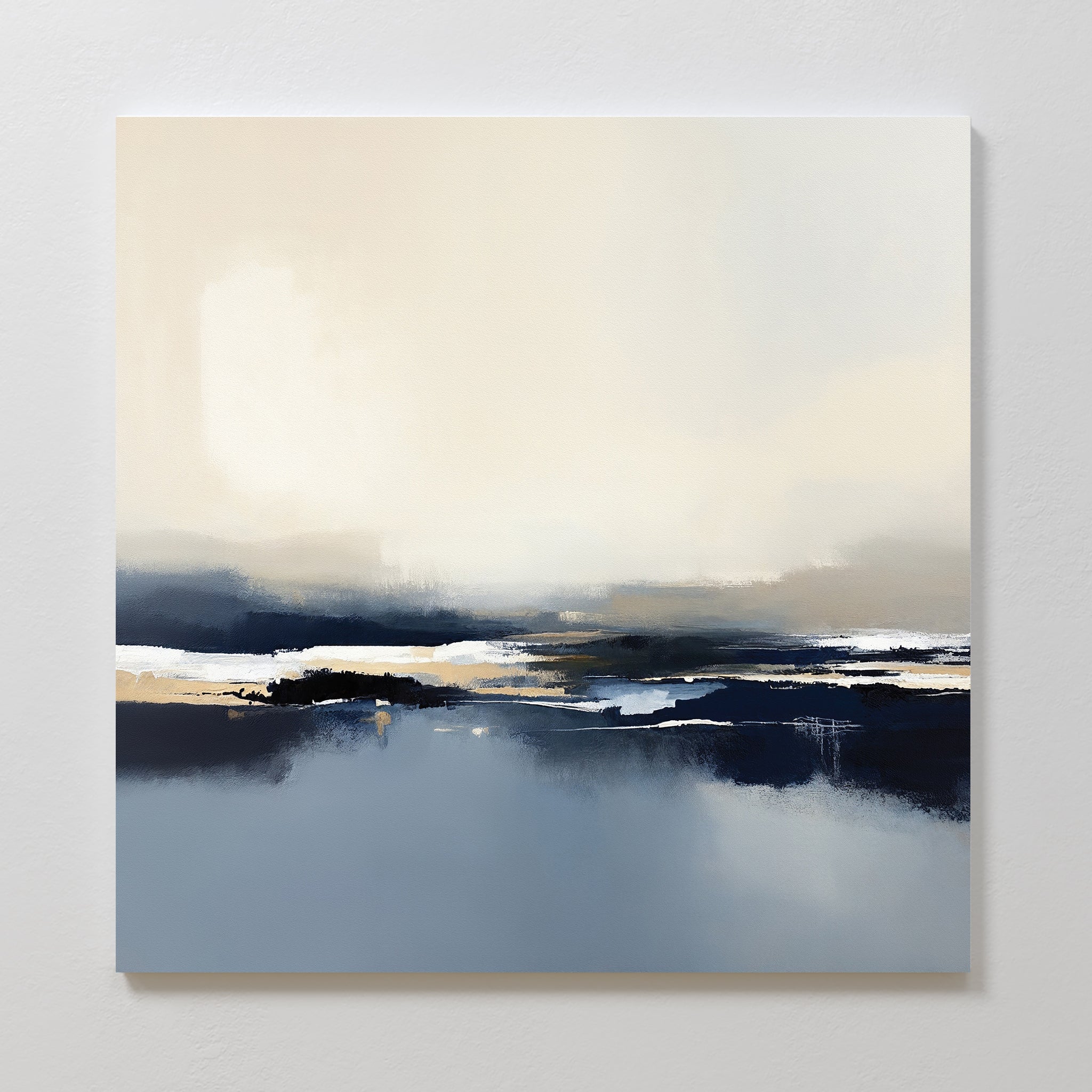 The Frozen Bay Canvas Art - Square features soft, blended tones of beige, white, navy, and gray, evoking winter waters and misty horizons—perfect for adding a serene, modern touch to your living room.