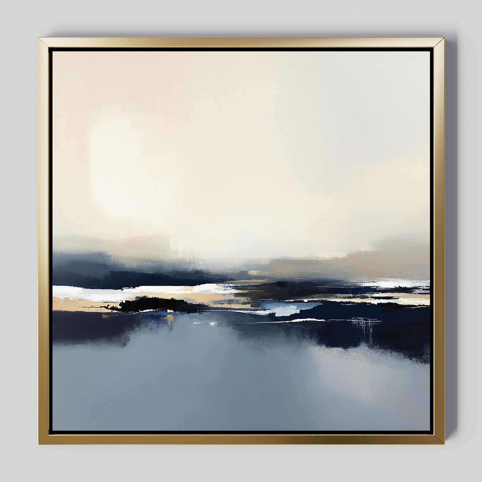 Frozen Bay Canvas Art - Square: An abstract painting in a gold frame with blended blue, white, beige, and dark gray tones, evoking tranquil winter waters—a stylish contemporary print ideal for modern living rooms.