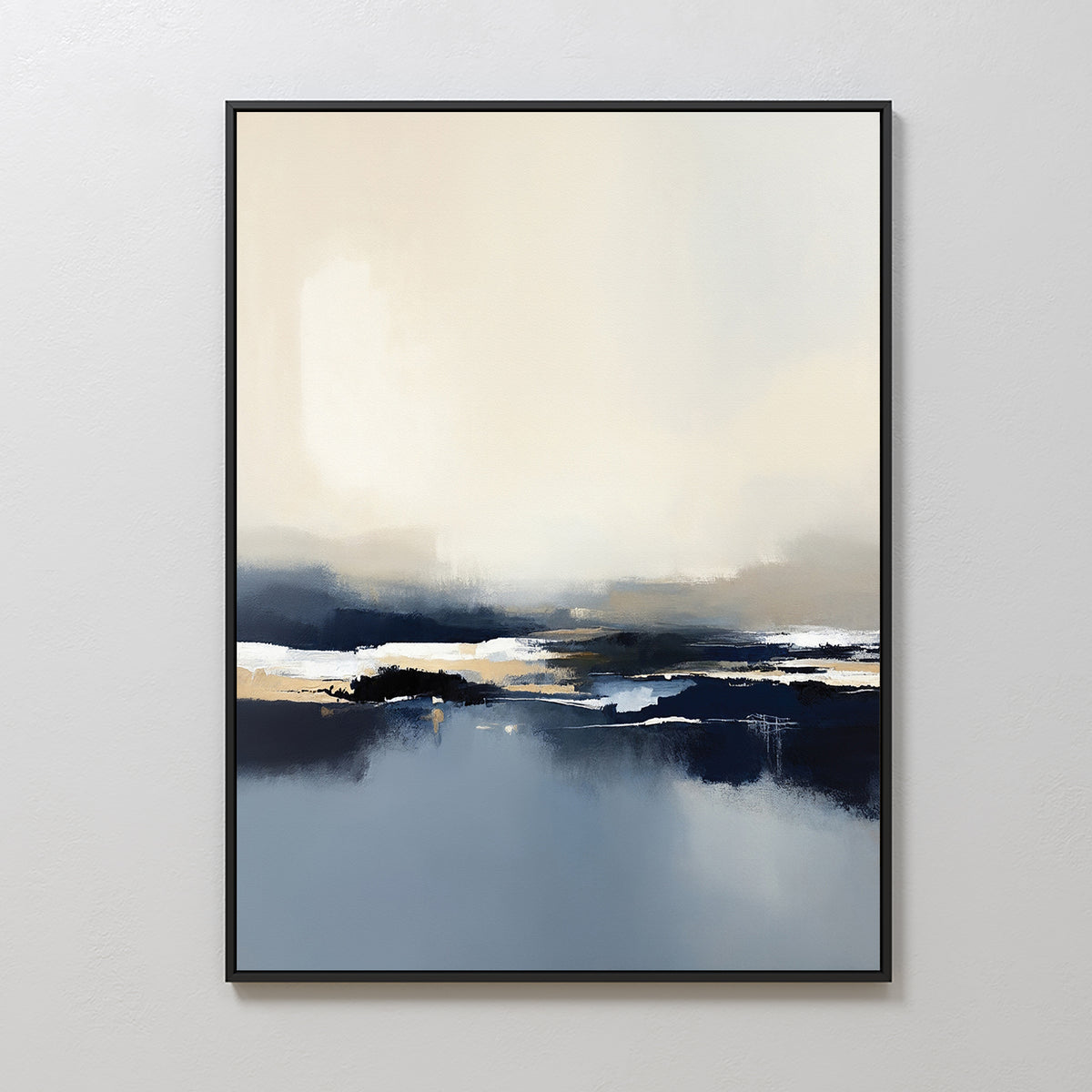 Frozen Bay Canvas Art - Vertical features soft, blurred shapes in blue, white, beige, and black for a serene winter waters look. Elegantly framed in thin black and mounted on a light wall—ideal for modern living room decor.
