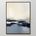 The Frozen Bay Canvas Art - Vertical features soft, blurred shades of cream, beige, navy blue, and black. This serene abstract print adds a contemporary touch to any modern living room when framed and displayed on a white wall.