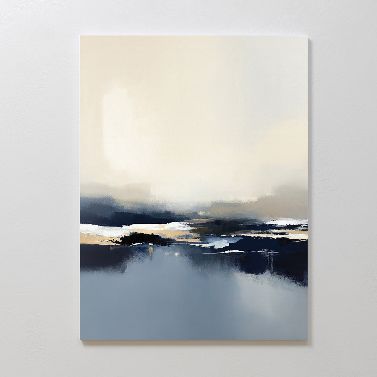 The Frozen Bay Canvas Art - Vertical features soft, blended tones of beige, white, navy, and gray in a minimalist abstract style, evoking a calm seascape—perfect for adding a contemporary touch to your modern living room decor.