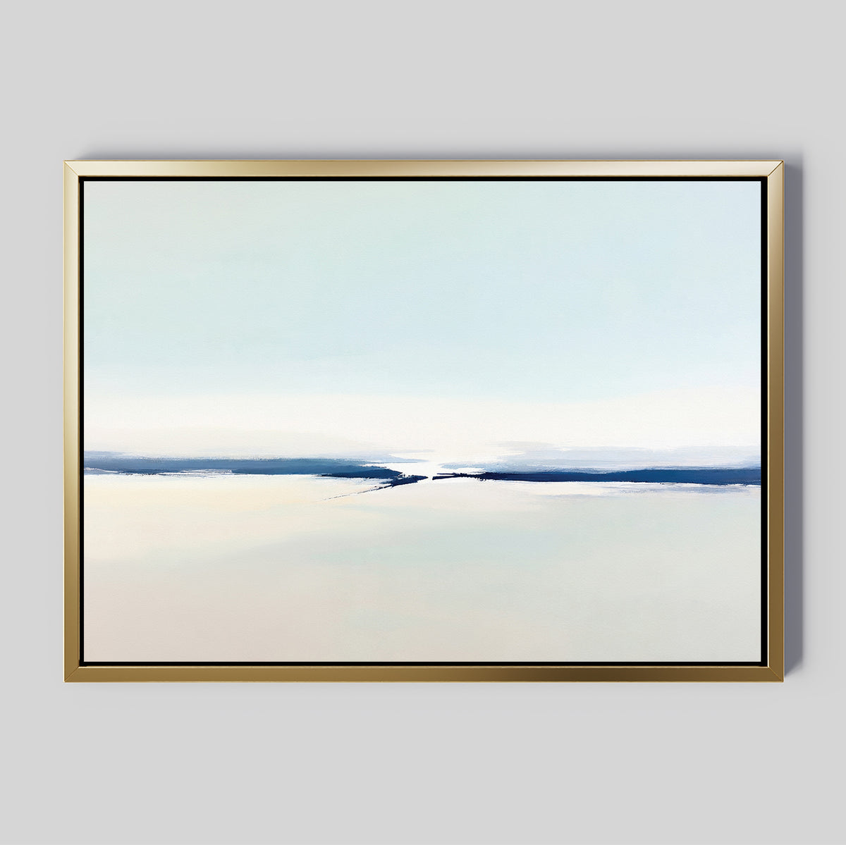 The Frozen Channel Canvas Art - Horizontal features soft, pale colors and horizontal brush strokes in white, light blue, and beige. A thin dark blue line near the center adds depth, beautifully framed in gold against a gray background.