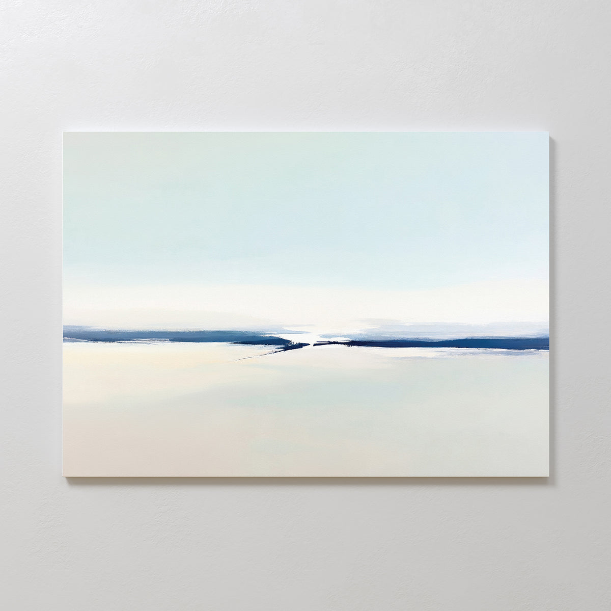 Frozen Channel Canvas Art - Horizontal features a serene landscape in soft pastel tones, with a pale sky and dark line—perfect for bringing calm, airy elegance to modern living room decor.